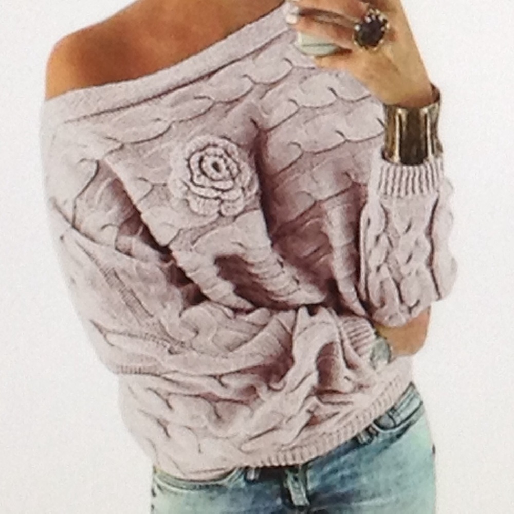 Flower boatneck batwing sleeve cable knit sweater.